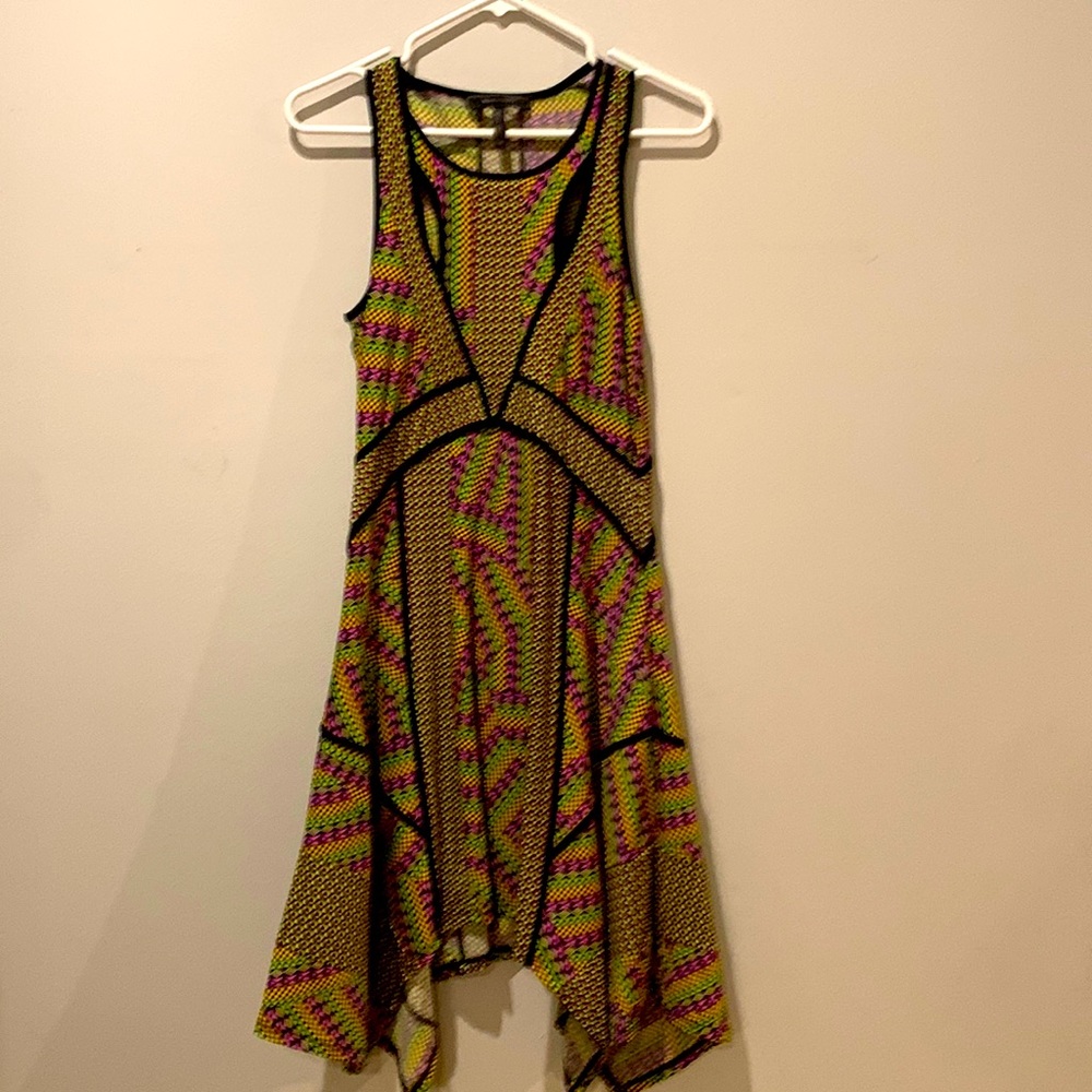 Bcbg asym hem sleeveless stretchy dress. Fit and flare midi. Size xs.